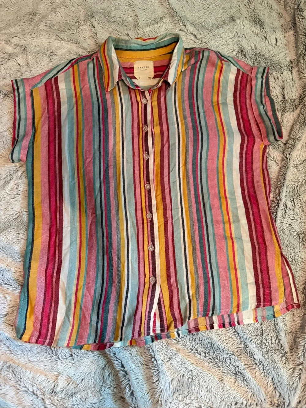 Harper Heritage Linen Button up Striped Short Sleeve Top - Picture 9 of 11